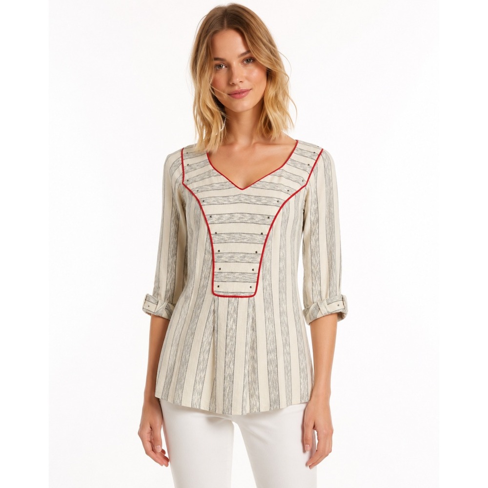 Lauren Moffatt Striped Cotton Silk Lined V-Neck Top Red Piping Studded Small